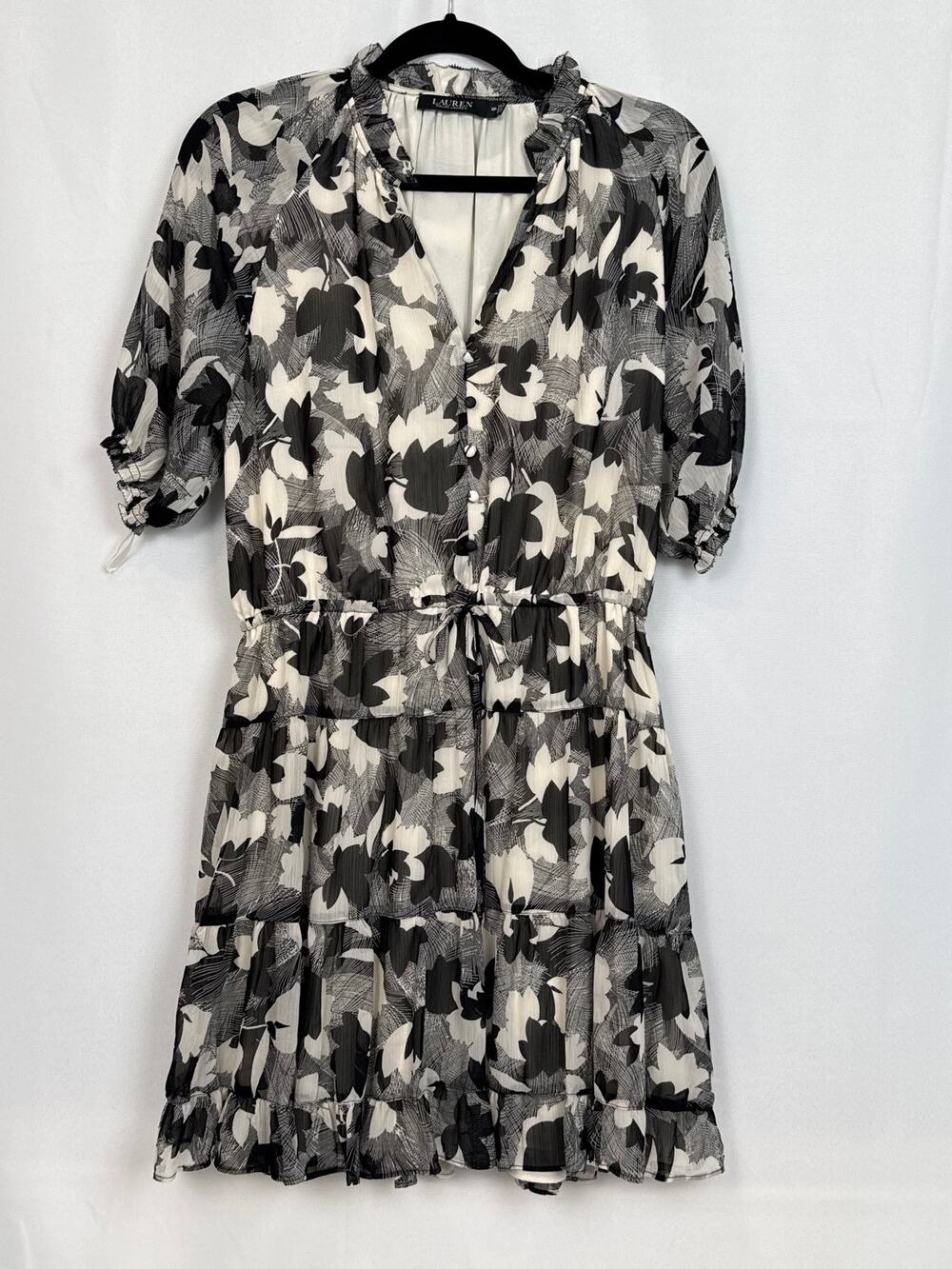 Lauren Ralph Lauren 12P Black White Floral Tiered Dress Ruffle Tie Waist